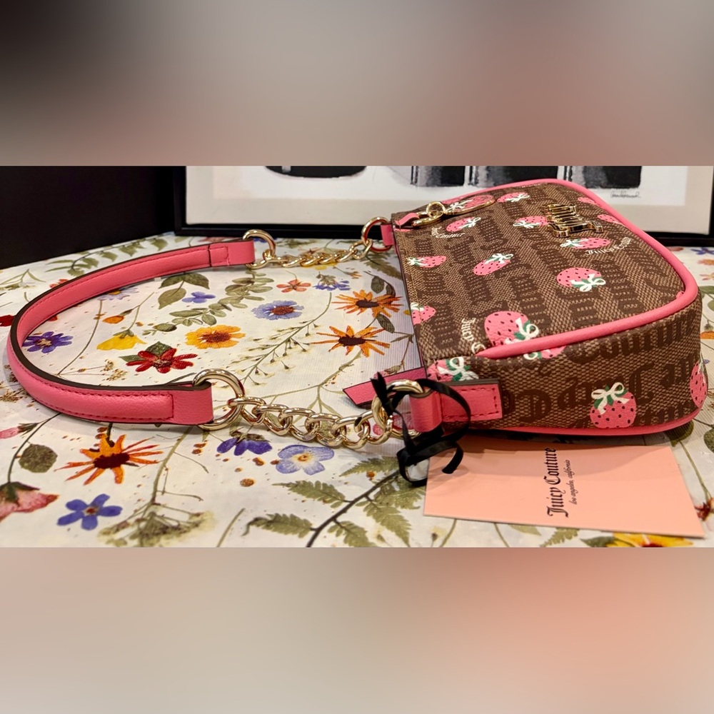 NWT JUICY COUTURE Pink Strawberry Print Shoulder Bag with 2 strawberry charm🍓 - Picture 9 of 13
